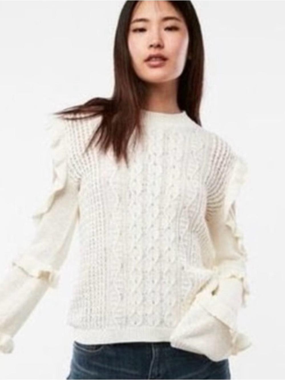 Express Ivory Cable Knit Ruffle Sleeve Cold Shoulder Cutout Sweater Medium Cute